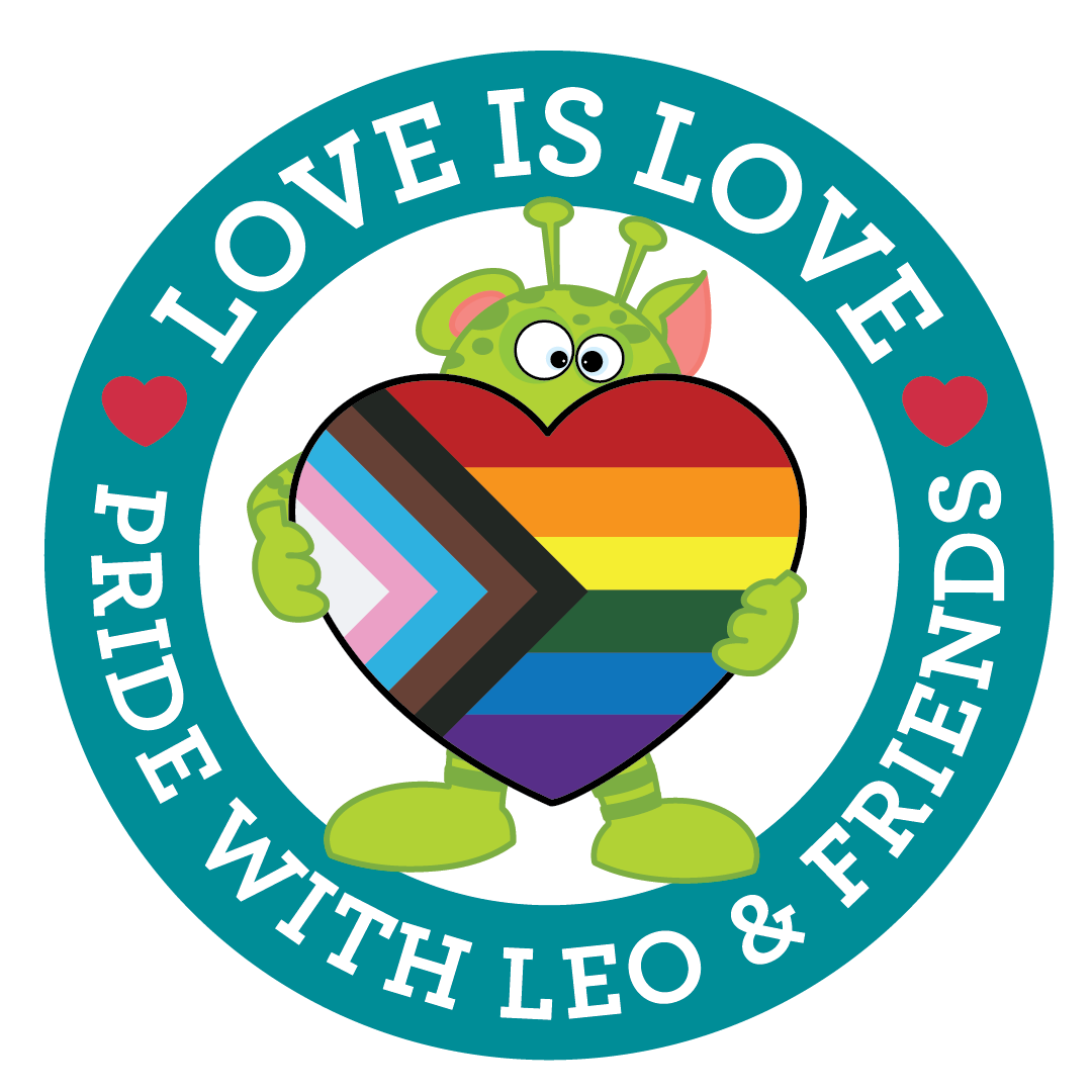Pride with Leo and friends love is love logo with pride heart and mascot