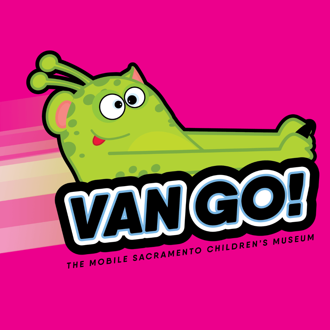 A green mascot is shown above the words "Van Go! The mobile sacramento children's museum"