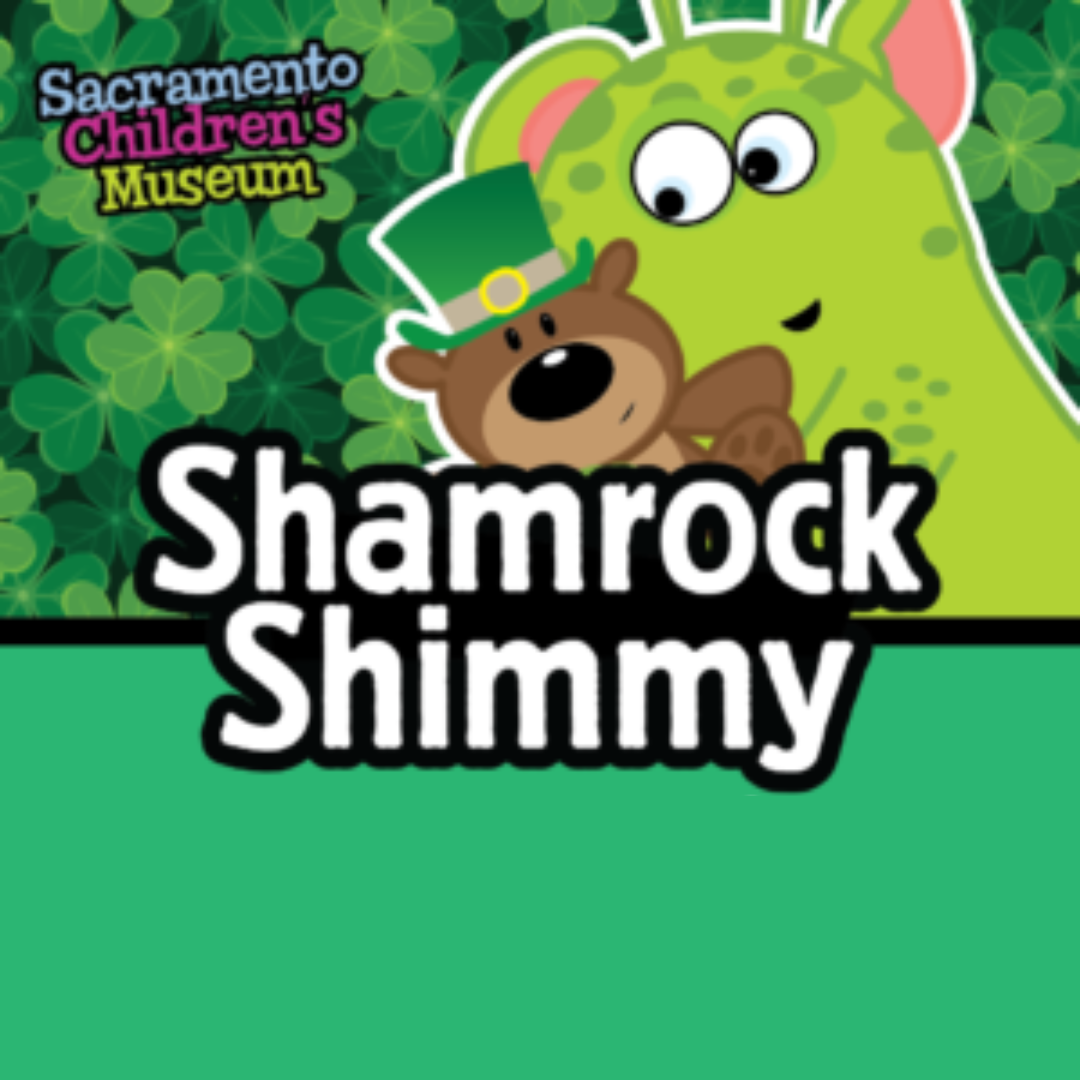 Shamrock Shimmy SCM logo. Leo cuddles teddy bear, shamrock shimmy title underneath