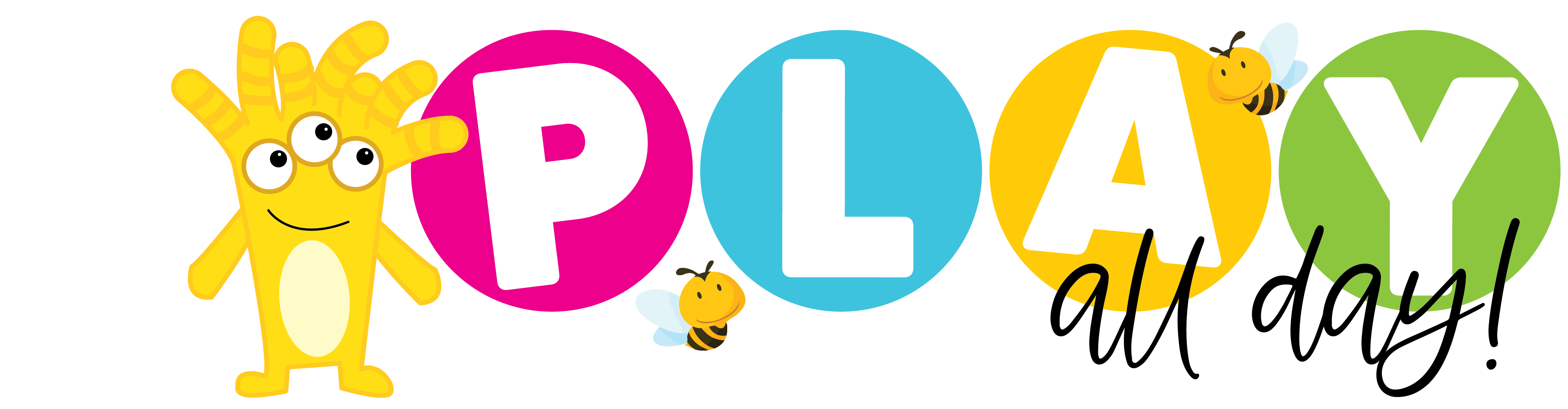 Play all day! logo of a yellow mascot next to the words and 2 bumblebees