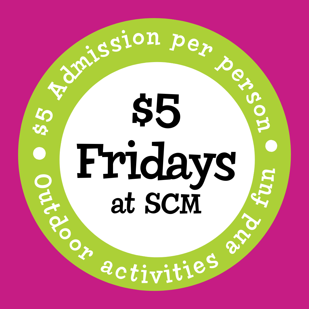 Text $5 fridays at SCM, $5 admission per person, outdoor activities and fun in the shape of a circle on a dark pink background
