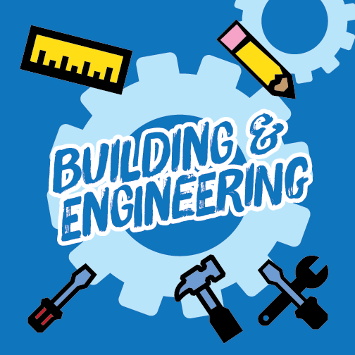The words "Building & Engineering" on a dark blue background above a light blue gear and surrounded by building tools