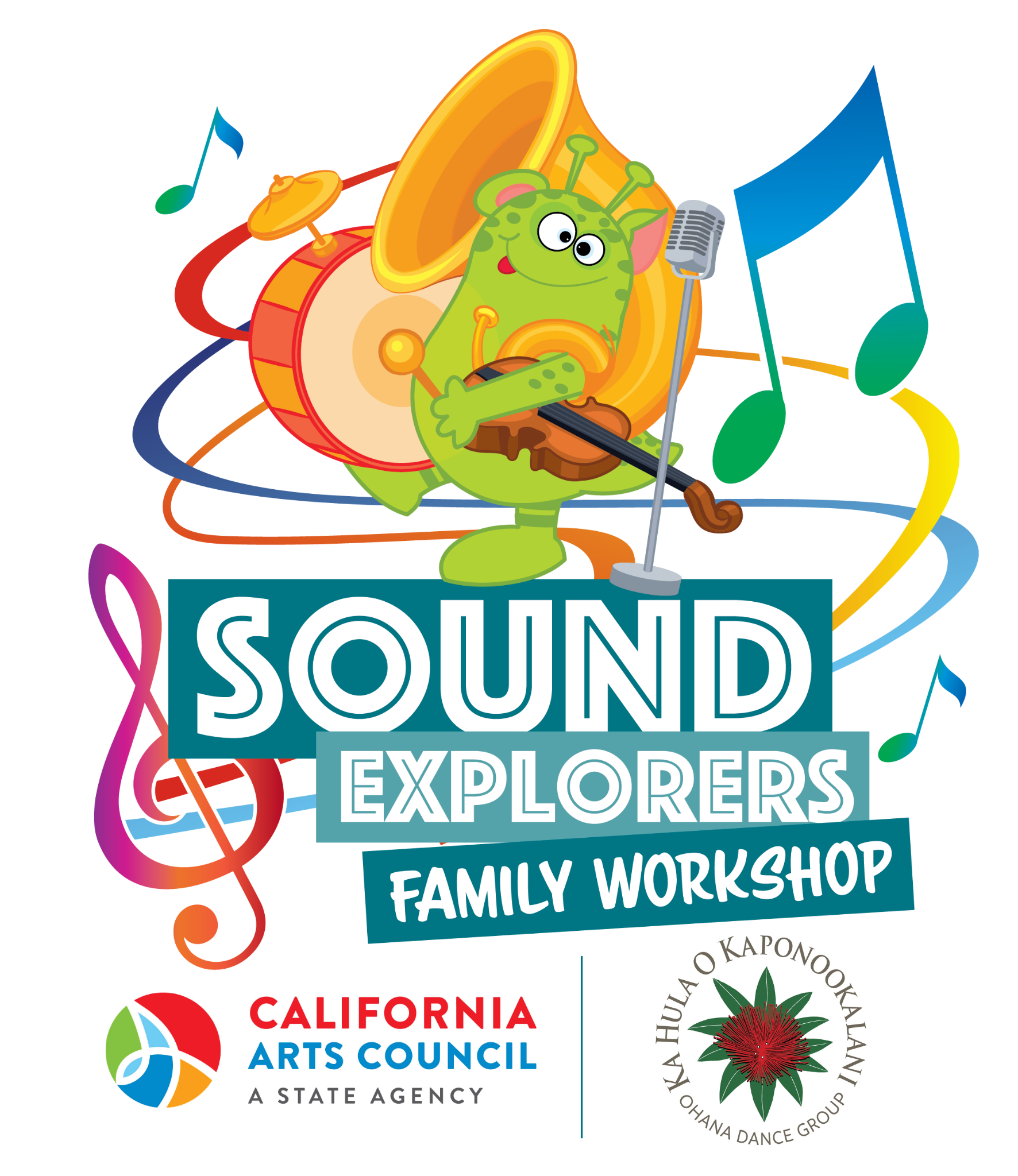 Sound Explorers Family Workshop logo over CA Council for the Arts and dance group logos