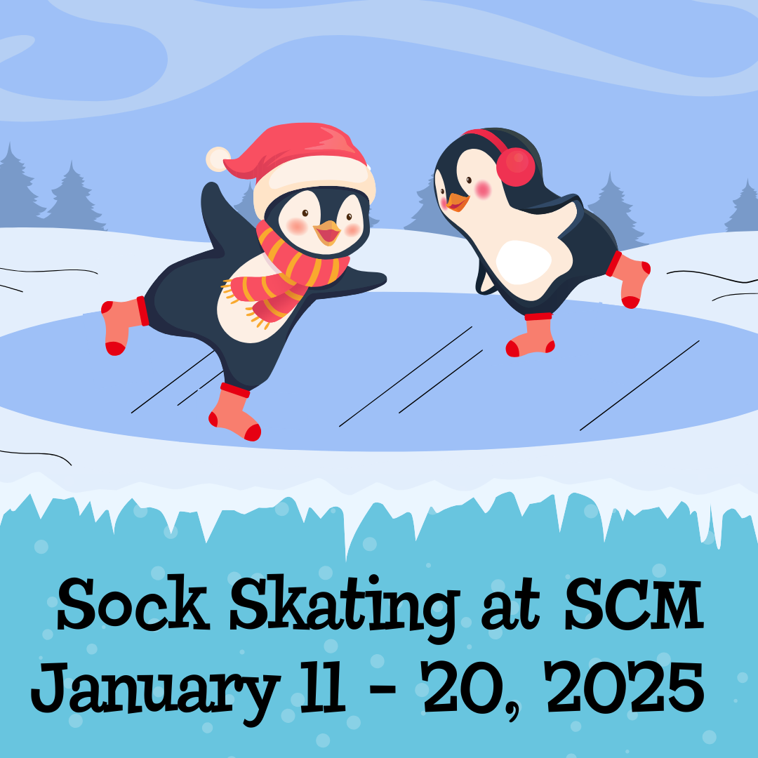 Two penguins sock skating on a frozen pond over the words 'sock skating at SCM, January 11 - 20, 2025