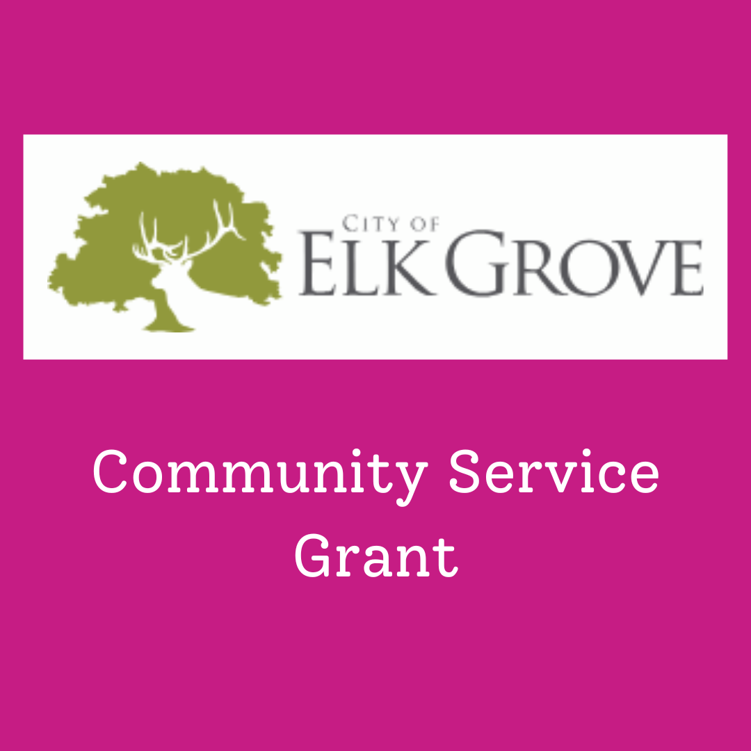 City of Elk Grove Community Service grant title and logo on pink square