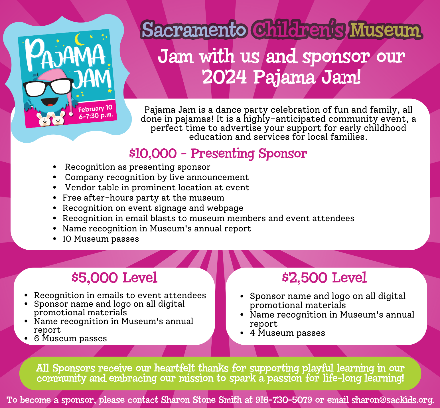 2024 PJ Jam Sponsorship information - call SCM for more information