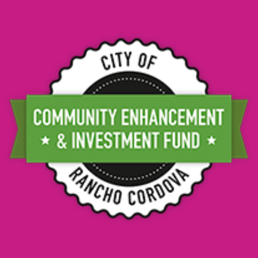 City of Rancho Cordova Community Enhancement and Investment Fund grant title and logo on pink square