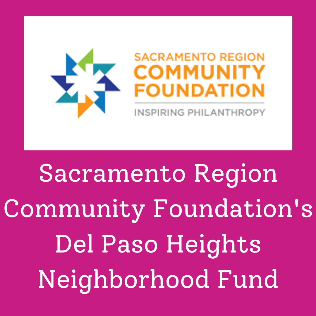 Sacramento Region Community Foundation Del Paso Heights Neighborhood Fund grant title and logo on pink square
