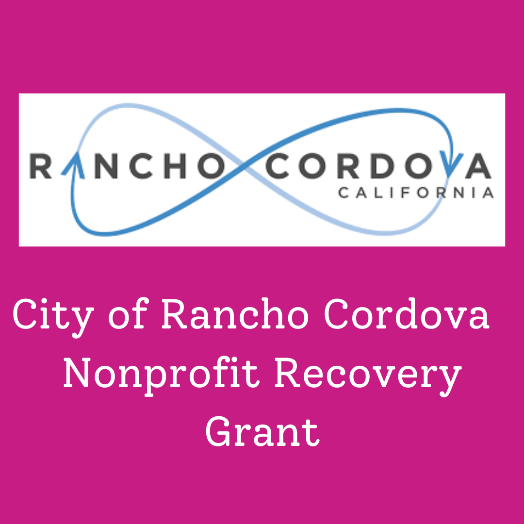 City of Rancho Cordova Nonprofit Recovery grant title and logo on pink square