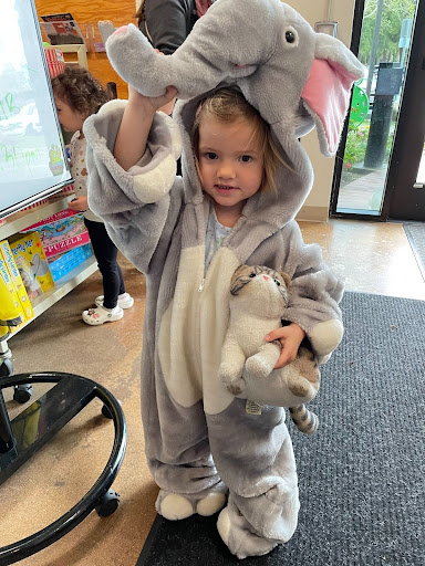 A child in an elephant costume holding a cat