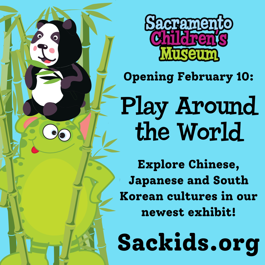 A panda and SCM mascot Leo peek through bamboo on the left of the image next to the title Opening February 10: Play Around the World - Explore Chinese, Japanese and South Korean cultures in our newest exhibit! Sackids.org runs across the bottom of the image.