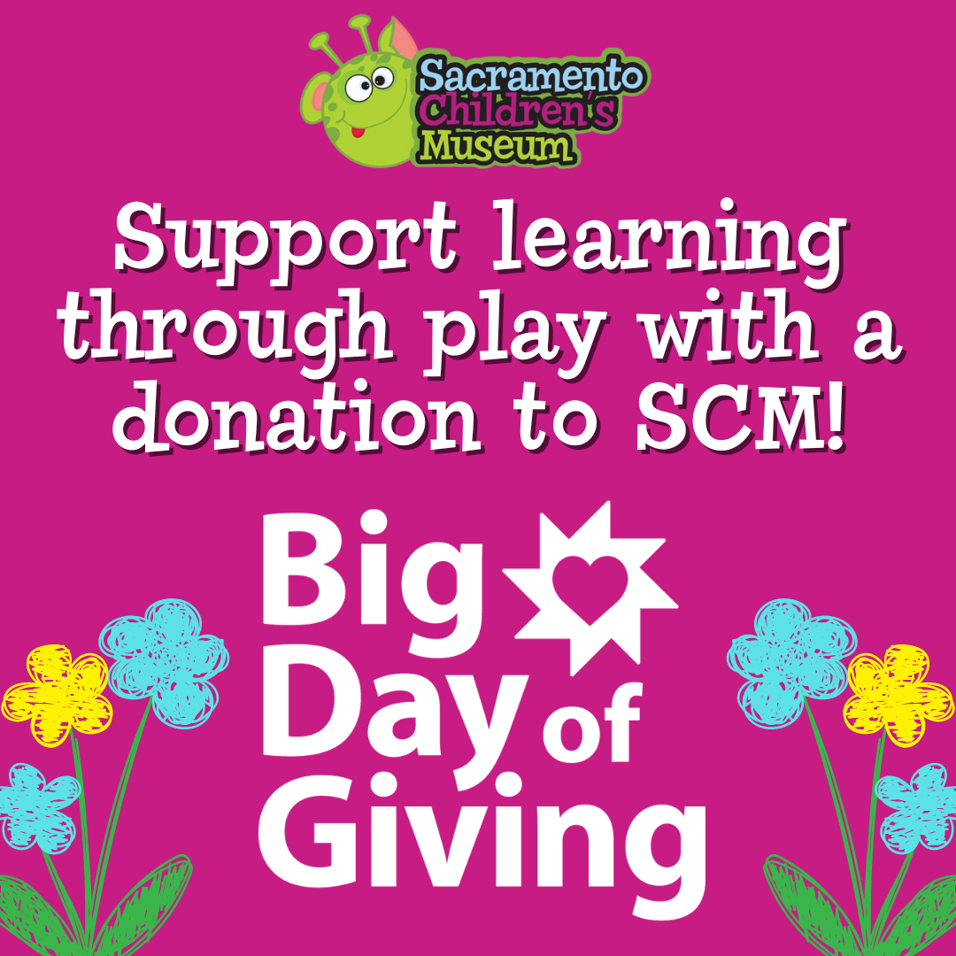 'Support learning through play with a donation to SCM' on a pink background with flowers and the Big Day of Giving logo