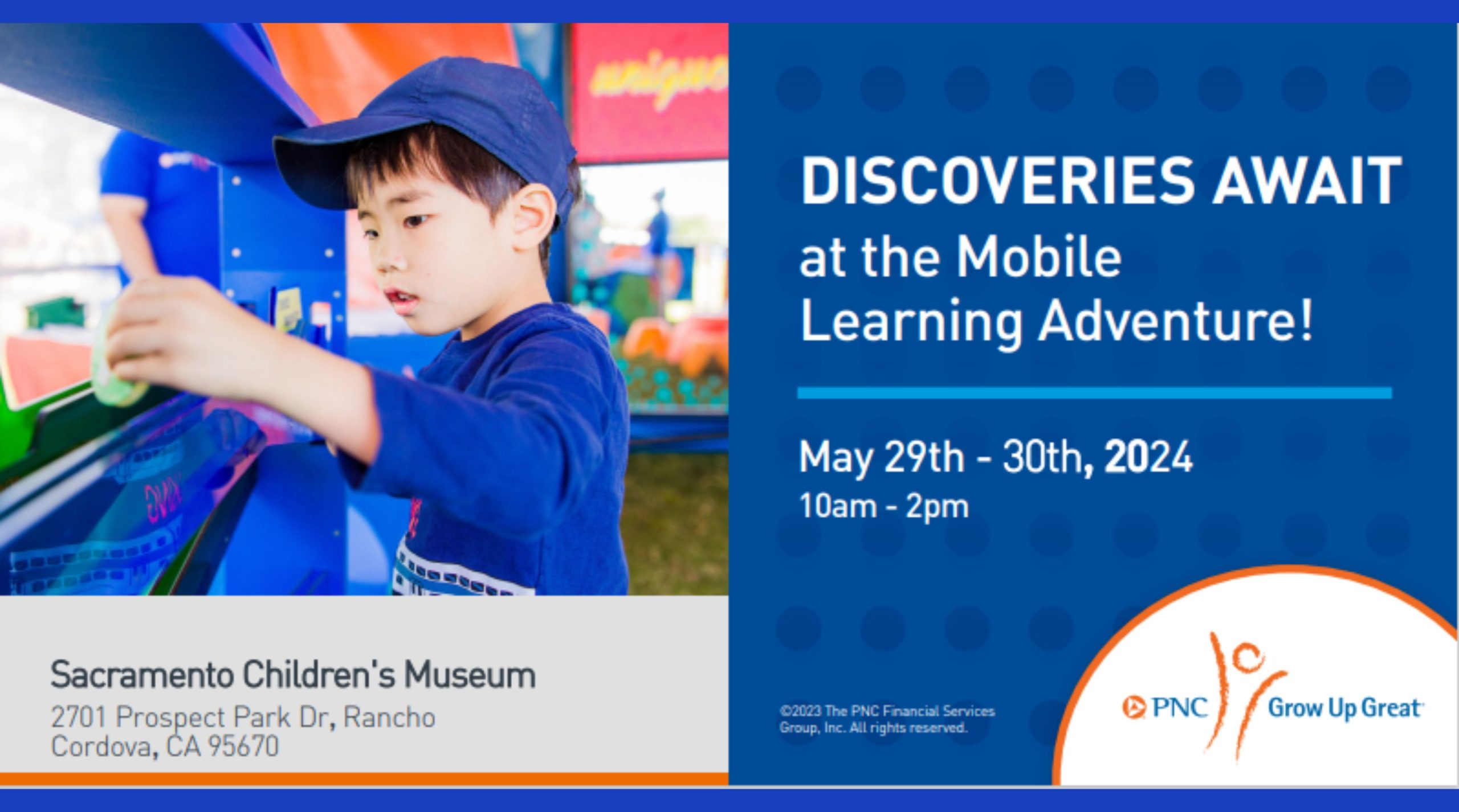 A boy playing next to the text 'Discoveries await at the mobile learning adventure! May 29th - 30th, 2024, 10 am - 2 pm.' See text of web page for more information.