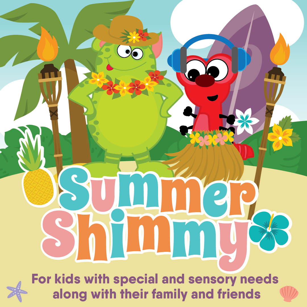 Summer Shimmy for kids with special and sensory needs along with their family and friends below 2 mascot figures in luau wear
