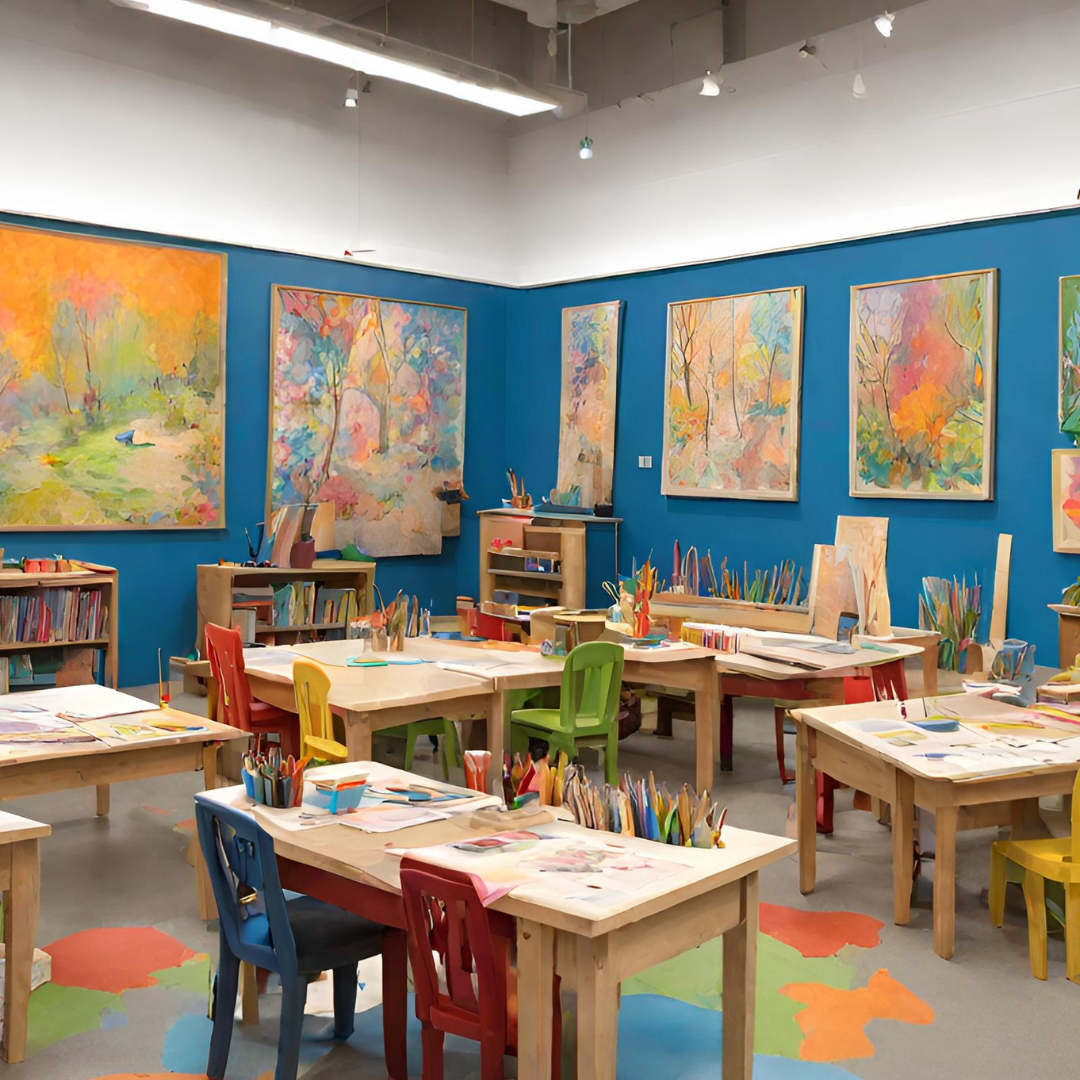colorful art studio photo with tables and chairs