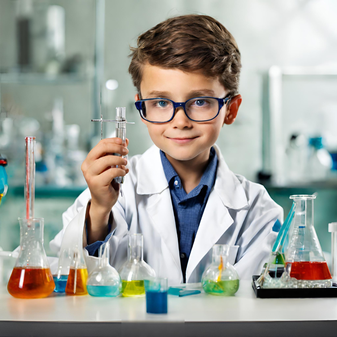 A boy in a white lab coat is surrounded by science equipment and holds a small beaker