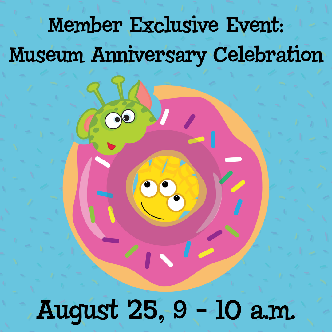 museum anniversary party, august 25, 9 - 10 a.m. text around donut and mascots graphic