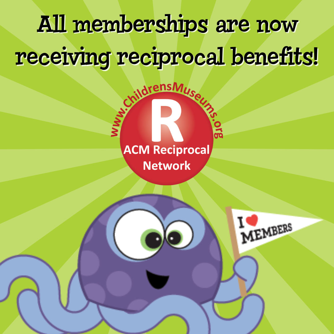 Text 'all memberships are now receiving reciprocal benefits!' above an ACM Reciprocal Network logo and an octopus mascot holding a flag that says 'I love members'.