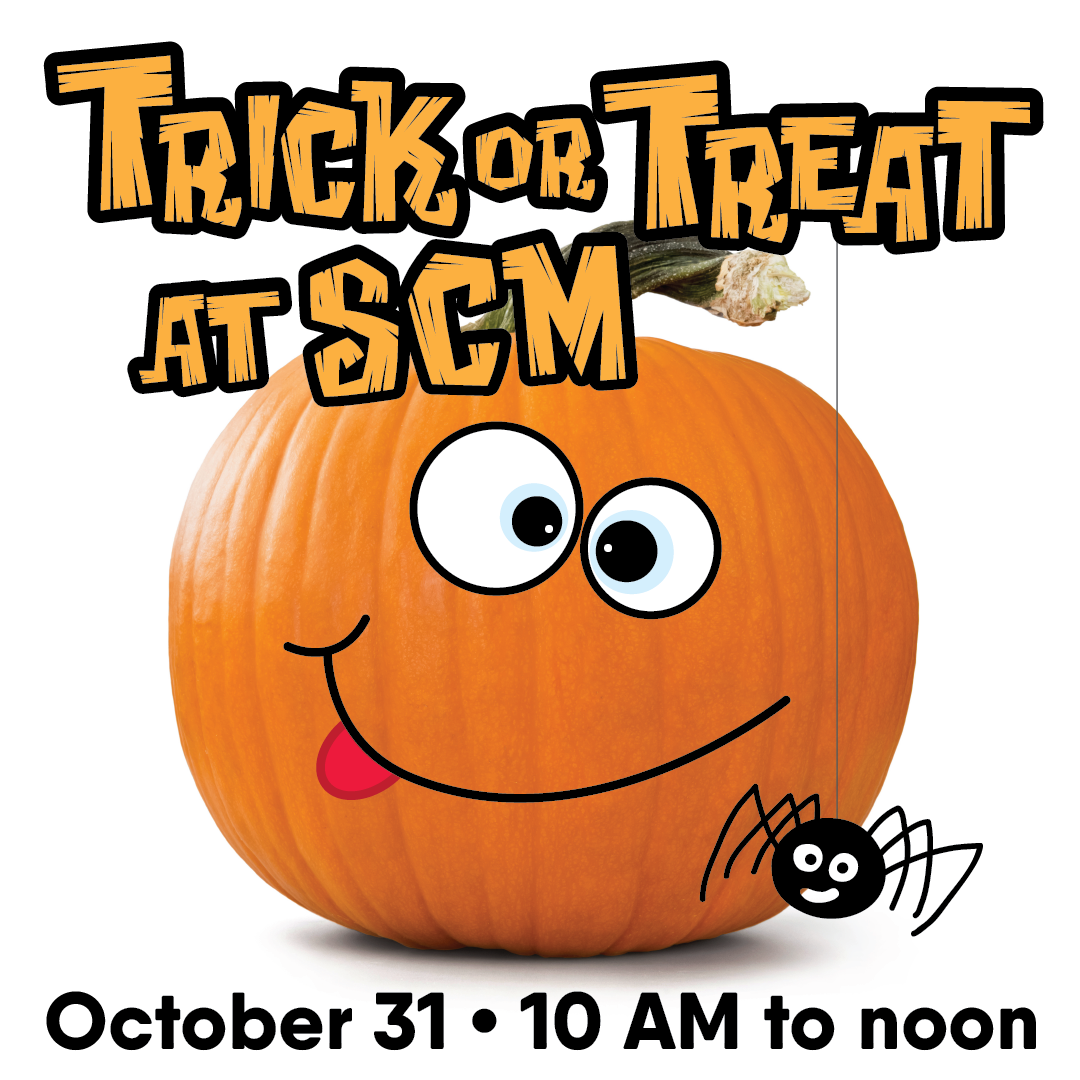 trick or treat at scm text above a leo pumpkin, spider above the words october 31, 10 am to noon