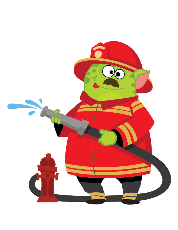 Mascot Leo dressed as a firefighter with a hose and hydrant