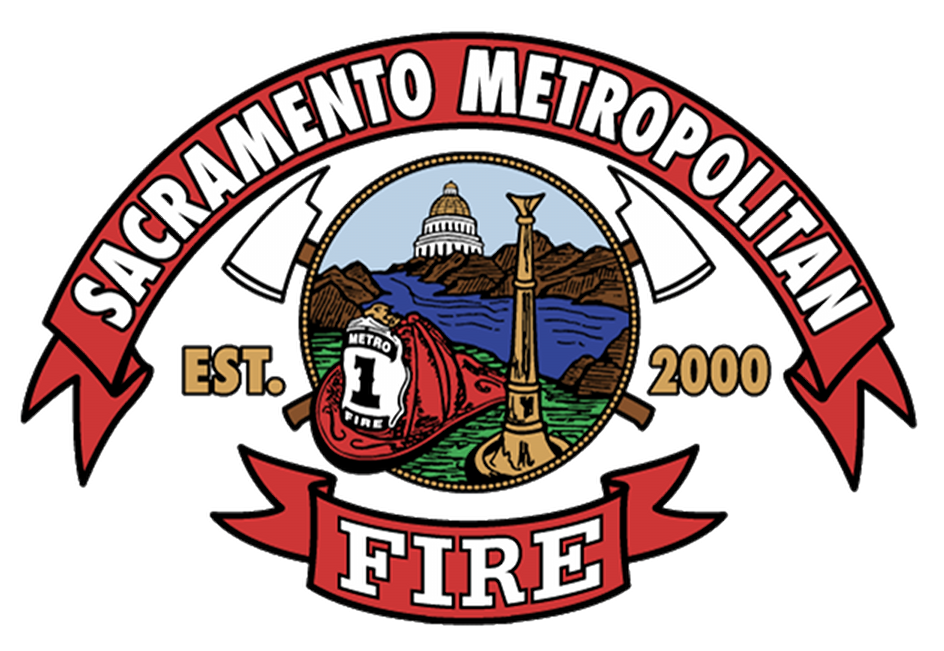 sacramento metropolitan fire text over logo with hatchets, fire hat and est. 2000