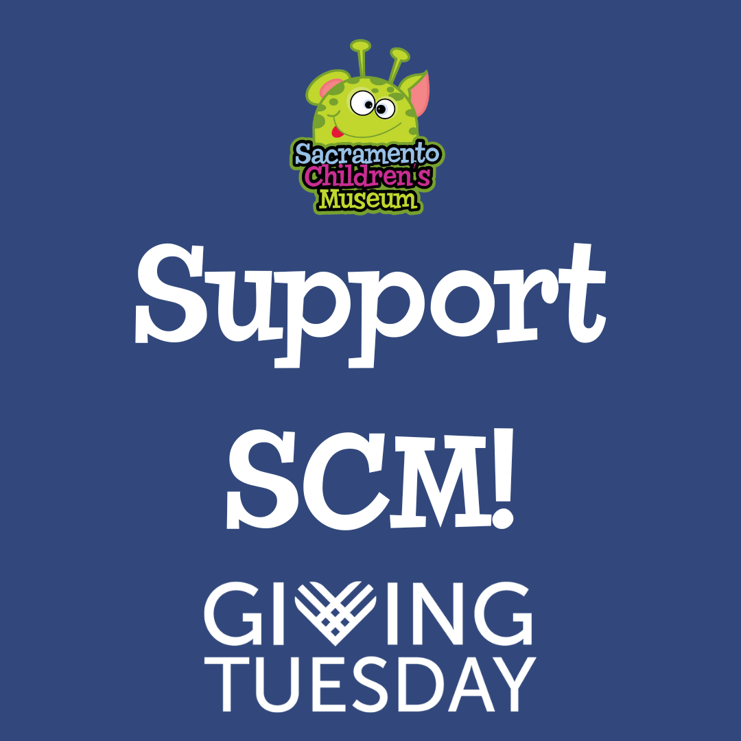 The Sacramento Children's Museum logo above the words 'support SCM!' and the Giving Tuesday logo