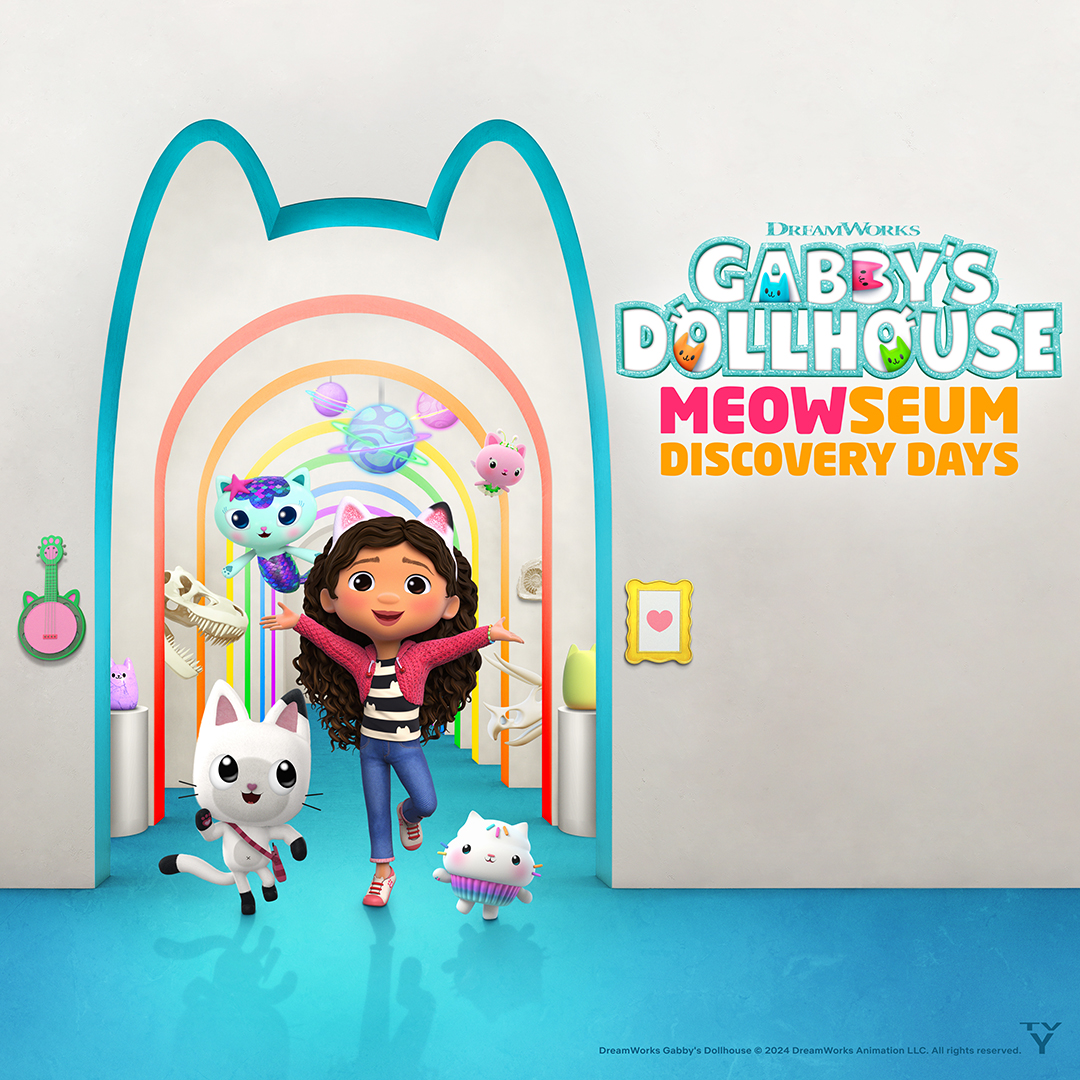 A cat-shaped hallway frames a girl character and 4 cat characters next to text that reads 'Gabby's Dollhouse MEOWseum Discovery Days'