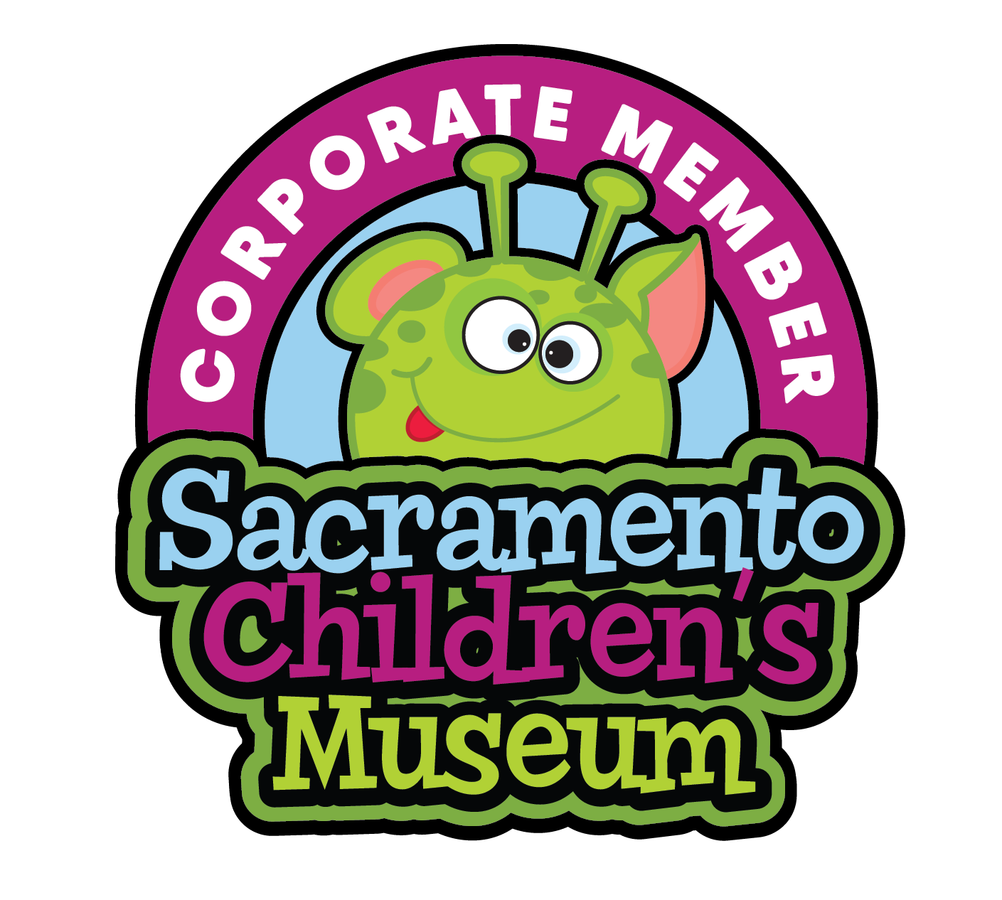 SCM.ProudPartner (2) A logo that says 'corporate member' above the face of Leo, our green 'monster' mascot, above the words 'sacramento children's museum'