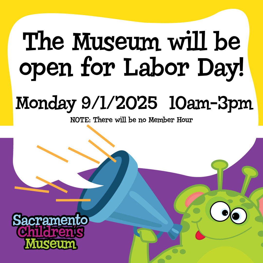 Our bright green mascot Leo has a blue megaphone announcing that the Museum will be open Labor Day, September 1, 2025 from 10am - 3pm and there will be no member hour. The background is yellow and purple with the SCM logo at the bottom left corner